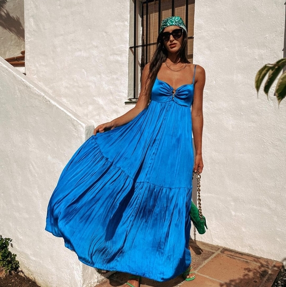 Zara Satin Effect Maxi Boho Blue Dress 